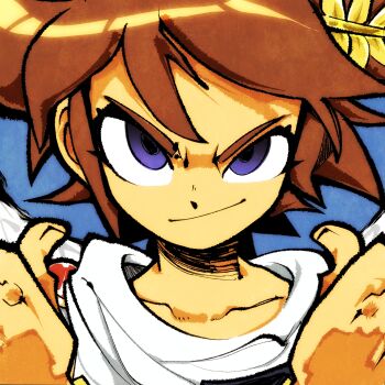 1boy :/ absurdres blue_background blue_eyes brown_hair closed_mouth commentary commission english_commentary highres kid_icarus kid_icarus_uprising laurel_crown male_focus nintendo pit_(kid_icarus) portrait scarf smile smug solo thumbs_up v-shaped_eyebrows white_scarf zalayz08