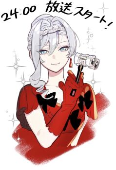 1girl binoculars blue_eyes closed_mouth collarbone dress gloves grey_hair highres holding holding_binoculars long_hair red_dress red_gloves smile solo sparkle troly_haluo upper_body