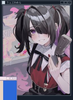 1girl absurdres ame-chan_(needy_girl_overdose) artist_name black_hair black_ribbon black_skirt blood blood_on_hands bloody_knife blush collar commentary_request computer_keyboard ear_piercing glass hair_ornament hair_over_one_eye highres holding holding_knife hue_0813 knife light_smile monitor needy_girl_overdose piercing pink_background purple_eyes red_shirt ribbon self-harm_scar shirt skirt solo suspender_skirt suspenders tears twintails white_collar window_(computing) x_hair_ornament