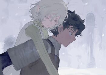 2boys armor bags_under_eyes black_hair blue_eyes carrying carrying_person chainmail curly_hair dark-skinned_male dark_skin dungeon_meshi elf gorget grey_background grey_eyes grey_hair highres kabru leather_armor long_sleeves male_focus mithrun multiple_boys notched_ear one_eye_closed piggyback pointy_ears shirt short_hair snowing sweatdrop wo_yao_chifan