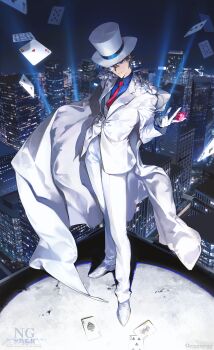 Rule 34 | 1boy, ace (playing card), ace of hearts, blue eyes, blue shirt, blurry, blurry background, brown hair, building, cape, card, cityscape, close-up, commentary request, eggpongg, formal clothes, full body, gloves, hat, heart, highres, jacket, kaitou kid, magic kaito, male focus, monocle, necktie, night, pants, playing card, red necktie, shirt, short hair, skyscraper, solo, suit, top hat, white cape, white gloves, white hat, white jacket, white pants, white suit