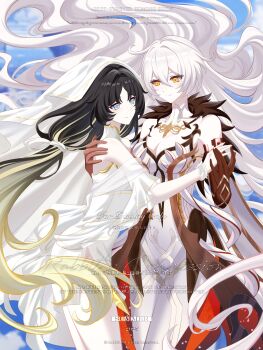 2476421831 2girls absurdres ahoge aqua_eyes arm_behind_back artist_self-insert bare_shoulders black_fur blue_sky blurry blurry_background breasts brown_hair chinese_commentary cleavage closed_mouth cloud cloudy_sky collarbone colored_skin commission commissioner_insert dress floating floating_hair fur_trim genshin_impact hair_between_eyes hands_up highres holding_hands large_breasts leaning_forward leaning_on_person light_blush light_smile long_hair looking_at_another looking_to_the_side multicolored_hair multicolored_skin multiple_girls oc_x_canon off_shoulder orange_eyes original outdoors parted_bangs shade side_slit sky streaked_hair thighs two-tone_hair asmoday_(genshin_impact) veil wavy_hair white_dress white_hair white_veil wrist_cuffs yuri