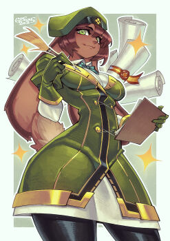 1girl animal_ears artist_name ass blush brown_hair bumblesteak buttons dark-skinned_female dark_skin gloves gofa green_eyes green_gloves highres non-web_source nose original quill rabbit_ears rabbit_girl rabbit_tail simple_background tail