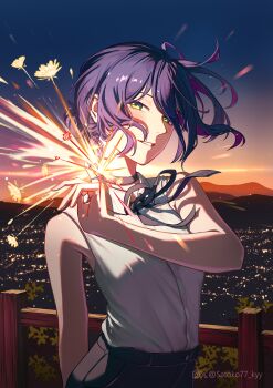 1girl absurdres black_choker blue_hair blue_sky chainsaw_man choker commentary dawn explosion green_eyes highres looking_at_viewer mountainous_horizon night outdoors parted_lips pulling reze_(chainsaw_man) satoko77 shirt short_hair sky sleeveless sleeveless_shirt smile solo twitter_username upper_body white_shirt