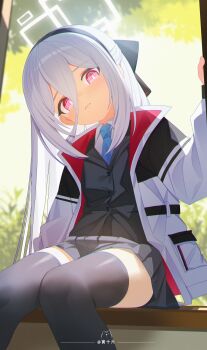 1girl absurdres artist_logo artist_name benpao_de_ruoji black_hairband black_skirt black_thighhighs blue_archive blue_necktie blush bright_pupils commentary double-parted_bangs hair_between_eyes hairband half_updo halo head_tilt highres jacket kei_(blue_archive) kei_(student)_(blue_archive) logo long_hair long_hair_between_eyes looking_at_viewer multicolored_jacket necktie on_windowsill pink_eyes pleated_skirt rectangular_halo ringed_eyes shirt sitting skirt solo thighhighs two-tone_jacket white_hair white_halo white_jacket white_shirt zettai_ryouiki
