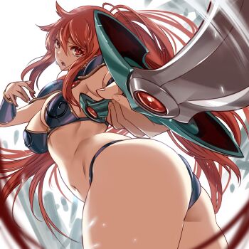 1girl arched_back armor asagiri_youko bikini bikini_armor black_bikini bracer breasts cleavage earrings from_side genmu_senki_leda highres holding holding_sword holding_weapon jewelry keuma long_hair looking_back medium_breasts navel open_mouth pauldrons perspective pointing_melee_weapon pointing_sword ponytail red_eyes red_hair shoulder_armor sidelocks solo swimsuit sword thick_thighs thighs weapon white_background