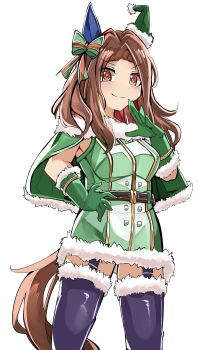 >:) 1girl absurdres animal_ears black_thighhighs blush bow breasts brown_eyes brown_hair capelet christmas closed_mouth dress forehead fur-trimmed_capelet fur-trimmed_dress fur-trimmed_gloves fur-trimmed_headwear fur-trimmed_thighhighs fur_trim gloves green_bow green_capelet green_dress green_gloves green_hat hair_bow hand_up hat highres horse_ears horse_girl king_halo_(umamusume) long_hair looking_at_viewer medium_breasts mini_hat mini_santa_hat parted_bangs santa_hat shi_(kamokamo910) simple_background smile solo striped_bow thighhighs umamusume v-shaped_eyebrows white_background