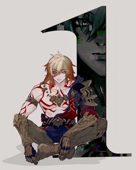 1nu27ritai 2boys abs arm_tattoo armlet armored_boots black_coat black_pants blonde_hair boots braid chest_tattoo clawed_gauntlets coat commentary_request earrings facial_tattoo gold_earrings gold_necklace gradient_hair grey_background highres honkai:_star_rail honkai_(series) jewelry male_focus medium_hair multicolored_hair multiple_boys mydei_(honkai:_star_rail) necklace open_clothes open_coat pants phainon_(honkai:_star_rail) phainon_(khaslana)_(honkai:_star_rail) red_hair red_tattoo side_braid sitting tattoo toned toned_male yellow_eyes