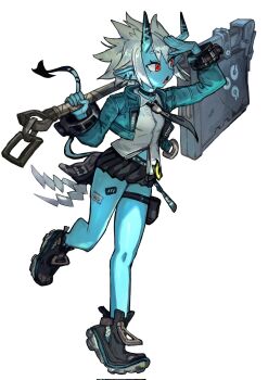 1girl aqua_jacket black_necktie black_shoes blue_horns blue_oni blue_skin blue_tail colored_skin commentary_request full_body hair_between_eyes hair_between_horns hand_on_own_forehead highres holding holding_weapon horns huge_weapon jacket multicolored_horns necktie oni open_mouth over_shoulder pointy_ears red_eyes reomenka shirt shoes short_hair simple_background skirt solo soukaku_(zenless_zone_zero) standing standing_on_one_leg thigh_strap two-tone_horns two-tone_tail weapon weapon_over_shoulder white_background white_hair white_shirt zenless_zone_zero