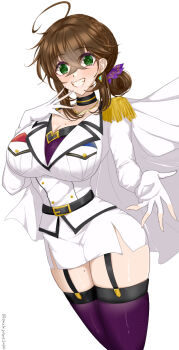 1girl ahoge belt black_belt blush bra breast_pocket breasts brown_hair chamumi_(mochiumee) commentary_request cowboy_shot epaulettes female_admiral_(kancolle) folded_ponytail garter_belt garter_straps gloves green_eyes grin hair_between_eyes hand_on_own_face highres jacket kantai_collection kneehighs large_breasts looking_at_viewer military_jacket military_uniform miniskirt mole mole_on_breast offering_hand original partially_fingerless_gloves pencil_skirt pleated_skirt pocket simple_background skirt smile socks solo underwear white_background white_gloves white_jacket white_skirt