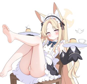 1girl absurdres animal_ears bandaid bandaid_on_pussy barefoot bird black_sleeves blonde_hair blue_archive chair dessert detached_sleeves feet food fox_ears fox_girl gugu0v0 halo highres loli long_hair looking_at_viewer no_panties on_chair pink_eyes seia_(blue_archive) simple_background sitting soles solo tail toenails toes white_background yellow_halo