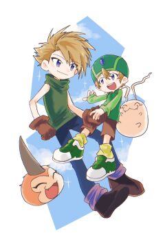 Rule 34 | 2boys, blonde hair, blue eyes, blue pants, body fur, brothers, brown gloves, brown shorts, closed eyes, digimon, digimon (creature), digimon adventure, full body, gloves, green hat, green shirt, group picture, hat, highres, horns, ishida yamato, megane mochi, multiple boys, orange fur, pants, shirt, short hair, shorts, siblings, simple background, single horn, takaishi takeru, tokomon, tunomon