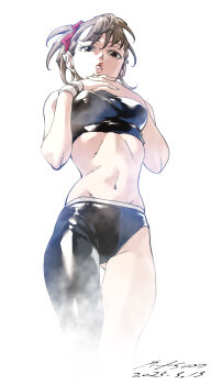 Rule 34 | 1girl, asymmetrical clothes, breasts, highres, interlocked fingers, looking at viewer, medium breasts, nabipenciller, navel, original, own hands together, parted lips, ponytail, single pantsleg, solo, thigh gap