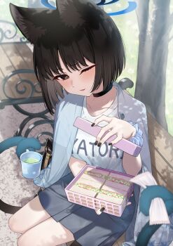 1girl absurdres alternate_costume animal_ears bento black_choker black_eyes black_hair black_nails blue_archive blue_halo blue_haori blush casual cat_ears cat_girl cat_tail choker commentary_request cup food green_tea grey_skirt halo haori highres holding holding_bento holding_cup holding_tissue holding_with_tail japanese_clothes kikyou_(blue_archive) looking_at_viewer multiple_tails on_bench one_eye_closed open_mouth parted_bangs pizza_(pizzania_company) prehensile_tail revision sandwich shirt short_hair sitting skirt solo tail tea two_tails white_shirt