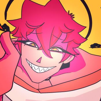 1boy demon_boy highres looking_at_viewer medium_hair pink_hair smile teeth to_eat_a_god unum_(to_eat_a_god) video_game visual_novel yellow_background yellow_eyes