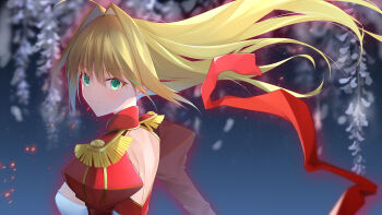 Rule 34 | 1girl, absurdres, ahoge, blonde hair, blush, closed mouth, clothing cutout, commentary request, dress, epaulettes, fate/extra, fate (series), floating hair, green eyes, hair intakes, highres, long hair, looking at viewer, nero claudius (fate), nero claudius (fate/extra), official alternate hairstyle, red dress, smile, solo, yula-w