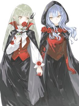 2girls absurdres artist_request bang_dream! bang_dream!_it's_mygo!!!!! black_cape black_skirt blue_hair cape closed_mouth collared_cape commentary commission english_commentary feet_out_of_frame flower gloves green_hair halloween_costume highres holding holding_flower holding_hands hood hood_up hooded_cape interlocked_fingers long_hair long_sleeves looking_at_another multiple_girls pointy_ears puffy_long_sleeves puffy_sleeves red_flower red_gloves red_rose red_shirt red_vest rose second-party_source shirt sidelocks simple_background skirt togawa_sakiko vampire vest wakaba_mutsumi white_background white_shirt yellow_eyes
