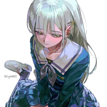 1girl bang_dream! bang_dream!_it&#039;s_mygo!!!!! blue_serafuku blue_socks blunt_bangs closed_mouth collarbone commentary expressionless green_hair grey_shoes hair_ornament hairpin half-closed_eyes highres kinayone loafers long_hair long_sleeves looking_to_the_side medium_skirt neckerchief pleated_skirt purple_neckerchief sailor_collar school_uniform serafuku shoes sidelocks simple_background sitting skirt socks solo tsukinomori_school_uniform twitter_username v_arms wakaba_mutsumi white_background winter_uniform yellow_eyes