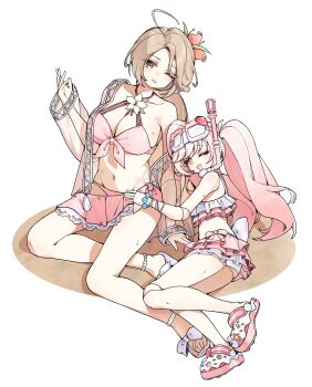 2girls absurdres ahoge anklet arm_up bare_shoulders bead_bracelet beads bikini bikini_ribbon black_survival bow bracelet breasts brown_eyes brown_hair chloe_lim collarbone criss-cross_halter crocs doll_joints eternal_return:_black_survival flower frilled_bikini frills front-tie_bikini_top front-tie_top goggles goggles_on_head groin hair_flower hair_ornament halterneck highres jacket jambujok jewelry joints large_breasts light_blush long_hair multicolored_bikini multicolored_shoes multiple_girls nina_(black_survival) official_alternate_costume one_eye_closed pink_bikini pink_bow pink_flower pink_hair pink_shoes revision sandals see-through_clothes see-through_jacket shoes side-tie_bikini_bottom simple_background single_off_shoulder sitting snorkel sweat sweatdrop swimsuit twintails two-tone_bikini two-tone_shoes white_background white_bikini white_bow white_flower white_shoes yellow_eyes