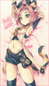 1girl absurdres animal_ears arms_up belly blush cat_ears cat_girl cat_tail diona_(genshin_impact) ears_up embarrassed eyebrows eyelashes fluffy genshin_impact heart highres looking_at_viewer mihoyo navel pink_hair q shorts simple_background solo tail thighhighs tweenstrip