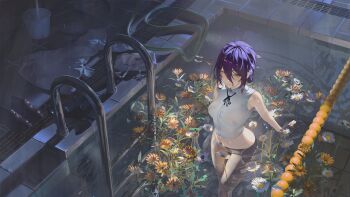 1girl absurdres black_ribbon bottomless breasts chainsaw_man flower green_eyes hair_between_eyes hair_bun highres kt_(kt19990301) medium_breasts neck_ribbon orange_flower partially_submerged pool pool_ladder purple_hair reze_(chainsaw_man) ribbon shirt sleeveless sleeveless_shirt solo white_flower white_shirt