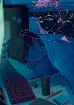 1boy brown_hair closed_eyes closed_mouth commentary computer_keyboard dark-skinned_male dark_skin hero_(faraway)_(omori) hero_(omori) highres male_focus mari_(omori) mari_(spirit)_(omori) monitor msdnno_kabe omori pencil short_hair short_sleeves sleeping solo symbol-only_commentary under_covers