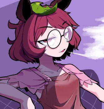 1girl animal_ears black-framed_eyewear blowing_smoke breasts brown_eyes brown_hair brown_shirt commentary_request futatsuiwa_mamizou glasses half-closed_eyes leaf leaf_on_head looking_at_viewer medium_breasts open_mouth pince-nez purple_background raccoon_ears raccoon_girl round_eyewear shirt short_hair short_sleeves sideways_glance smoking solidus_(sword_cube) solo touhou upper_body
