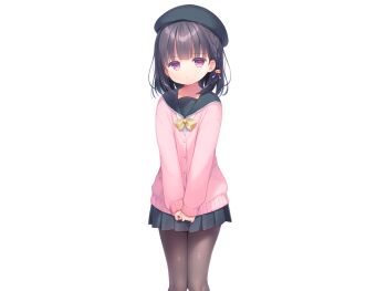 1girl black_hair black_pantyhose black_sailor_collar black_skirt blue_hat blunt_bangs bow bowtie buttons cardigan closed_mouth collarbone feet_out_of_frame game_cg hat kazari_(mainichi_kiss_shite_lolita) large_variant_set long_sleeves looking_at_viewer mainichi_kiss_shite_lolita miniskirt non-web_source pantyhose pink_cardigan pink_eyes piyodera_mucha pleated_skirt sailor_collar school_uniform serafuku short_hair simple_background skirt solo standing tachi-e transparent_background variant_set yellow_bow yellow_bowtie