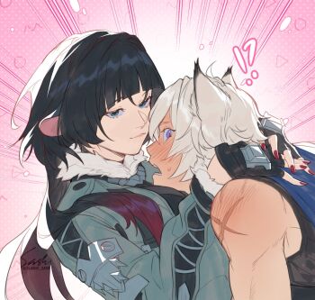 ! !? 1boy 1girl animal_ears black_gloves black_hair blue_eyes blush breasts cat_boy cat_ears closed_mouth colored_tips commentary english_commentary fingerless_gloves fur-trimmed_jacket fur_trim gloves grey_jacket hair_between_eyes head_on_chest hetero highres hug jacket jane_doe_(zenless_zone_zero) long_hair looking_at_viewer medium_breasts mouse_ears mouse_girl multicolored_hair open_mouth pink_background purple_eyes red_hair red_nails scar scar_on_shoulder seth_lowell short_hair sleeveless slushy-sash sweat upper_body white_hair zenless_zone_zero