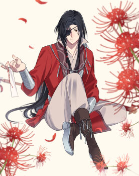 1boy beads belt black_hair blurry blurry_foreground boots bracelet braid brown_boots brown_pants butterfly_necklace chinese_clothes closed_mouth collarbone depth_of_field eyepatch falling_petals fduki_maro flower footwear_ornament full_body hair_beads hair_ornament hair_ribbon hand_up hanfu highres holding holding_ribbon hua_cheng implied_yaoi invisible_chair jewelry knee_up long_hair long_sleeves looking_at_viewer male_focus necklace one_eye_covered pants parted_bangs petals popped_collar red_eyes red_flower red_hanfu ribbon ribbon_braid side_braid silver_belt silver_bracelet silver_necklace simple_background single_braid sitting smile solo spider_lily string string_around_finger string_of_fate tianguan_cifu very_long_hair weapon white_background white_ribbon