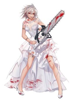 11ama 1girl absurdres artist_request black_survival blood blood_on_clothes blood_on_face bloody_weapon bracelet breasts chainsaw cleavage commentary crown dress earrings english_commentary evil_grin evil_smile full_body grey_hair grin hair_between_eyes high_heels highres holding holding_chainsaw jackie_quilt jewelry looking_at_viewer medium_hair official_art red_eyes scar scar_on_face shoes short_sleeves simple_background smile solo teeth third-party_source transparent_background v-shaped_eyebrows weapon wedding_dress white_dress white_shoes