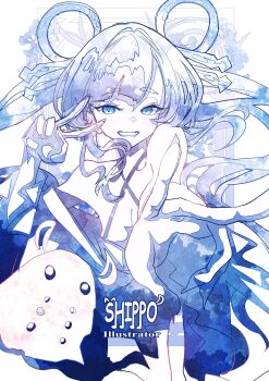 Rule 34 | 1girl, artist name, blue theme, cho kaguya-hime!, commentary request, hair ornament, hair rings, hair stick, highres, japanese clothes, kimono, long hair, looking at viewer, monochrome, octopus, open mouth, runami yachiyo, ship o man1015, smile, solo, twintails, v, white background