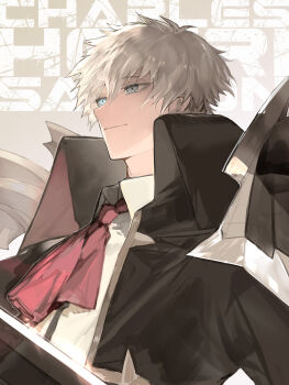 1boy ascot black_coat blue_eyes character_name charles-henri_sanson_(fate) closed_mouth coat commentary_request fate/grand_order fate_(series) hair_between_eyes high_collar highres jacket male_focus red_ascot short_hair simple_background smile solo suzuhi_(fullprayer) white_hair