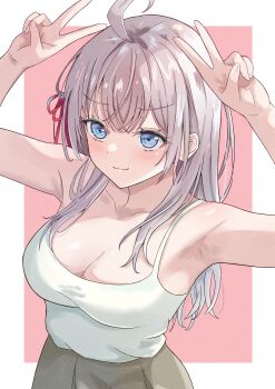 1girl :3 absurdres ahoge alisa_mikhailovna_kujou armpits arms_up azakura_(beniyomogi) blue_eyes border breasts camisole cleavage commentary double_v grey_hair hair_ribbon highres large_breasts long_hair outside_border pink_background red_ribbon ribbon solo tokidoki_bosotto_roshia-go_de_dereru_tonari_no_alya-san v white_border white_camisole