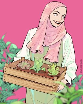 Rule 34 | 1girl, absurdres, artist name, dress, flower pot, green dress, grey eyes, highres, hijab, looking to the side, open mouth, original, pink background, pink hijab, plant, shirt, simple background, sleeveless, sleeveless dress, solo, teeth, upper teeth only, white shirt, winchestermegg