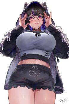 1girl adjusting_eyewear animal_hood artist_name black_hair blush breasts cat_hood choker glasses highres hood hood_up hoodie huge_breasts lace lace_choker looking_at_viewer medium_hair meloco_kyoran meloco_kyoran_(3rd_costume) midriff multicolored_hair navel nekotokage nijisanji nijisanji_en purple_eyes purple_hair signature simple_background smile solo streaked_hair virtual_youtuber white_background