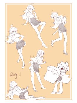 1girl ahoge apron back_ribbon bare_arms bare_legs border chinese_commentary closed_mouth collared_shirt commentary_request english_text frilled_apron frills greyscale_with_colored_background hand_on_own_hip happy high_heels highres holding jijibang leaning_forward leg_up light_blush long_hair looking_ahead looking_back lying messy_hair miniskirt multiple_views official_style on_side outside_border oversized_object panty_&amp;_stocking_with_garterbelt panty_(psg) pencil_skirt pointing pointing_at_self puffy_short_sleeves puffy_sleeves shirt short_sleeves skirt smile standing stiletto_heels swept_bangs toon_(style) very_long_hair waist_apron white_border yellow_background