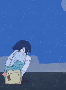 Rule 34 | 1girl, bag, bag charm, black hair, blue skirt, brown bag, charm (object), cho kaguya-hime!, crying, crying with eyes open, highres, outdoors, rain, sakayori iroha, sangdingting, school uniform, serafuku, shirt, short hair, shoulder bag, skirt, socks, solo, squatting, tears, white shirt, white socks