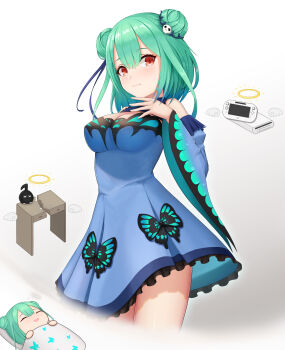 Rule 34 | 1girl, abeen jhong, absurdres, alternate breast size, animal print, blue dress, blush, breast conscious, breasts, broken, butterfly print, cleavage, closed mouth, cowboy shot, desk, double bun, dreaming, dress, from below, game console, gradient background, green hair, hair bun, hair ornament, highres, hololive, large breasts, looking at viewer, looking down, looking to the side, raised eyebrows, red eyes, short dress, short hair, skull hair ornament, smile, solo, uruha rushia, uruha rushia (1st costume), virtual youtuber, wide sleeves, wii u, yasuhati
