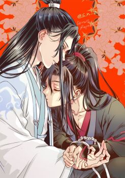 Rule 34 | 2boys, bishounen, black hair, black hanfu, bound, bound wrists, chinese clothes, closed eyes, collarbone, commentary request, couple, floral background, flower, hanfu, high ponytail, holding hands, lan wangji, long hair, long sleeves, looking at another, male focus, modao zushi, multiple boys, own hands together, parted lips, pectoral cleavage, pectorals, ponytail, red background, robe, s n z n, sidelocks, sitting, sleeves past wrists, topknot, twitter username, upper body, wei wuxian, white hanfu, wide sleeves, xiao guan (headdress), yaoi, yellow eyes
