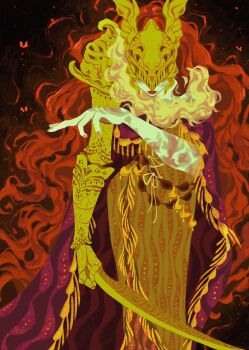 Rule 34 | 1girl, arm up, armor, brown dress, cape, covered eyes, dress, elden ring, feet out of frame, fur trim, helmet, helmet over eyes, highres, holding, holding sword, holding weapon, jawwydee, malenia blade of miquella, ornate armor, pale skin, prosthesis, prosthetic arm, red cape, red hair, red lips, solo, standing, sword, three-quarter sleeves, weapon, winged helmet