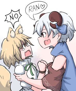2girls :o animal_ear_fluff animal_ears blonde_hair blue_bow blue_hawaii_kgs blue_shirt blush bound bound_wrists bow commentary_request detached_sleeves earrings english_text fang fox_ears fox_girl fox_tail from_side goat_girl goat_horns grabbing_another&#039;s_arm gradient_background green_ribbon heart highres horn_bow horn_ornament horns jewelry kudamaki_tsukasa meandros medium_hair mixed-language_commentary multiple_earrings multiple_girls neck_ribbon open_mouth pink_background pointy_ears puffy_short_sleeves puffy_sleeves raised_inner_eyebrows red_eyes red_horns red_sleeves ribbon rope shirt short_hair short_sleeves skin_fang smile speech_bubble spoken_heart tail tearing_up touhou toutetsu_yuuma upper_body white_background white_hair white_shirt yellow_eyes
