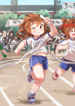 Rule 34 | 6+girls, absurdres, akagi (kancolle), alternate costume, anchor symbol, aq gohan, black hair, black ribbon, black serafuku, black skirt, blonde hair, blue hakama, blue shorts, blue skirt, boots, braid, building, day, detached sleeves, finish line, folded ponytail, fubuki (kancolle), glasses, green-framed eyewear, gym shirt, gym shorts, gym uniform, hachimaki, hair flaps, hair ornament, hair over shoulder, hair ribbon, hairband, hairclip, hakama, hakama short skirt, hakama skirt, headband, headgear, highres, ikazuchi (kancolle), inazuma (kancolle), japanese clothes, kaga (kancolle), kantai collection, kirishima (kancolle), kirishima kai ni (kancolle), kongou (kancolle), long hair, low ponytail, miniskirt, multiple girls, muneate, navel, neckerchief, nontraditional miko, one eye closed, open mouth, outdoors, pleated skirt, ponytail, red hakama, red headband, red neckerchief, relay baton, relay race, ribbon, ribbon-trimmed sleeves, ribbon trim, running track, scarf, school uniform, serafuku, shigure (kancolle), shigure kai ni (kancolle), shirt, short hair, short ponytail, short sleeves, shorts, single braid, skirt, socks, sports festival, standing, thigh boots, thighhighs, track and field, white headband, white scarf, white socks, white thighhighs, yuudachi (kancolle), yuudachi kai ni (kancolle)