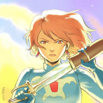 1girl artist_name blue_gloves brown_eyes brown_hair closed_mouth commentary earrings floating_hair glint gloves highres holding holding_sheath holding_sword holding_weapon jewelry kaze_no_tani_no_nausicaa long_sleeves looking_at_viewer nausicaa sheath short_hair skelinor sky solo star_(sky) straight-on swept_bangs sword teardrop_earrings unsheathing upper_body weapon