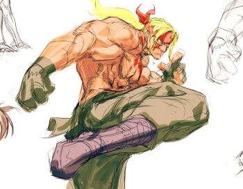 Rule 34 | 1boy, abs, alex (street fighter), body markings, clenched hand, closed mouth, facial mark, foot out of frame, frown, green pants, headband, leg up, long hair, looking ahead, male focus, muscular, muscular male, pants, pectorals, ponytail, red headband, sketch, solo, street fighter, street fighter iii (series), topless male, white background, zero setsu