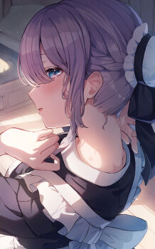 1girl aoto_neko apron blue_eyes blush commentary_request hair_bun highres indoors looking_at_viewer maid maid_apron maid_headdress nape neck open_mouth original profile purple_hair single_hair_bun solo sweat