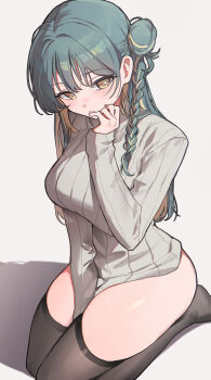1girl absurdres black_thighhighs blonde_hair blue_hair braid breasts grey_background grey_sweater highres large_breasts long_hair looking_at_viewer original sarukana simple_background single_braid sitting solo sweater thighhighs thighs twintails wariza yellow_eyes