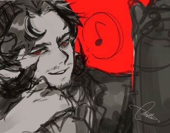 Rule 34 | 1boy, animal ears, animification, anmitsu (anmitsu40919780), beard, bottle, commentary, dream smp, english commentary, facial hair, formal clothes, holding, holding bottle, horns, jschlatt, looking at viewer, male focus, mature male, minecraft youtube, musical note, mustache, necktie, red background, red eyes, red theme, sheep boy, sheep ears, sheep horns, signature, sketch, solo, spoken musical note, spot color, suit