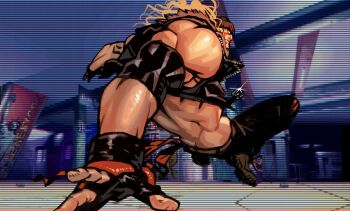 Rule 34 | 1boy, abs, alex (street fighter), bandana, beanie, biceps, black gloves, black jacket, black pants, black vest, blonde hair, closed mouth, commentary request, cromwaits, cropped vest, elbow pads, facepaint, facial hair, facial mark, fighting stance, fingerless gloves, full body, gloves, hat, headband, helmet, highres, jacket, jumping, leather, long hair, looking at viewer, looking back, male focus, muscular, muscular male, official art, open clothes, open jacket, open vest, pants, sleeveless, sleeveless jacket, solo, street fighter, street fighter 6, suspension, vest