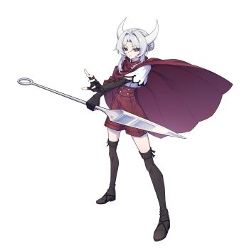 1girl absurdres adapted_costume alternate_costume alternate_eye_color boots cloak commission commissioner_upload crop_top elbow_gloves eyelashes fighting_stance fingerless_gloves full_body gloves grey_eyes hair_bun high-waist_shorts highres holding holding_polearm holding_weapon hollow_knight hollow_knight:_silksong hornet_(hollow_knight) horns humanization kiauwrenn long_bangs long_hair long_sidelocks looking_at_viewer non-web_source petite polearm short_sleeves shorts sidelocks solo thigh_boots thighs transparent_background weapon white_hair